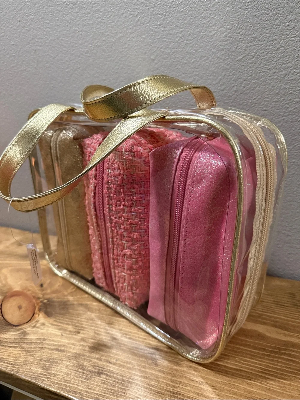 Clear Cosmetic Tote with Gold Trim and Pink & Gold Pouches